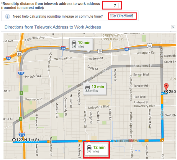 Image of map listing distance between telework address and work address. Round trip distance is highlighted along with the link to Get Directions.