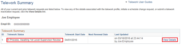 Image of the Telework Summary page with the Current Status field and the View Details link highlighted.