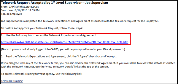 Image of email from first level supervisor with the link to the Telework Expectations and Agreement highlighted.