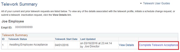 Image of the Telework Summary page with the Complete Telework Acceptance link highlighted.