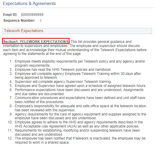 Image of the Review Telework Expectations and Aggreement page with the Agreement Statement, Agree/Disagree buttons highlighted.