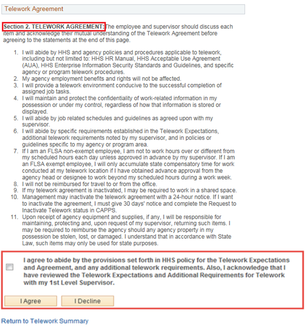 Image of the Telework Agreement page with the Agree/Declince buttons highlighted.