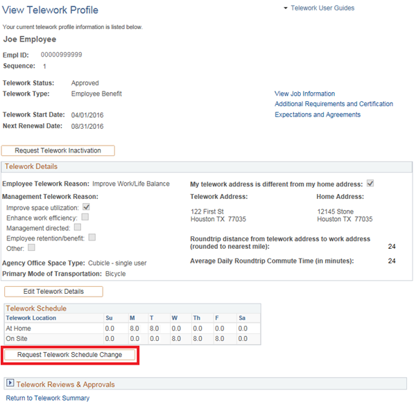 Image of the View Telework Profile page with the Request Telework Schedule Change button highlighted.