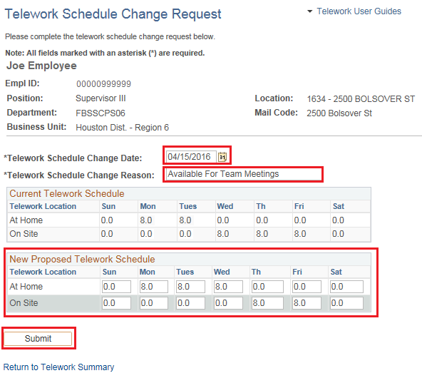 Image of the Telework Schedule Change Request page with the fields Schedule Change Date, Schedule Change Reason and New Proposed Work Schedule highlighted.