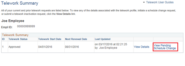 Image of the Telework Summary page with the View Pending Schedule CHange link highlighted.