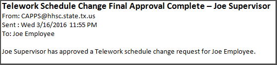 Image of the Telework Final Approval email indicating that the requested Telework Schedule change has been approved.