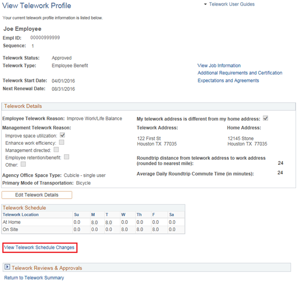 Image of the View Telework Details page with the View Telework Schedule Changes link highlighted.