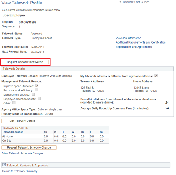 Image of the View Telework profile page with the Request Telework Inactivation button highlighted.