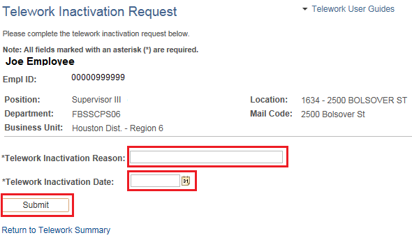 Image of the Telework Inactivation Request page with the Telework Inactivation Reason and Telework Inactivation Date fields highlighted.