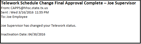 Image of the Telework Inactivation Confirmation email.