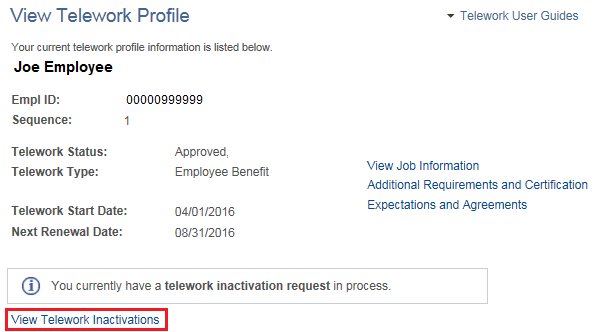 Image of the View Telework Profile page with the View Telework Inactivations link highlighted.