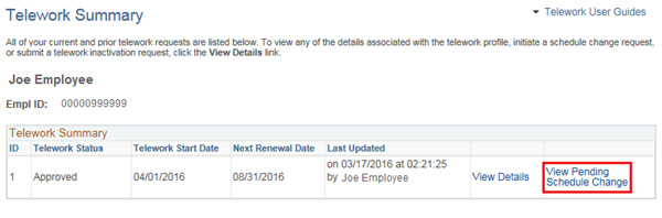 Image of the Telework Summary page with the View Pending Schedule Change link highlighted.