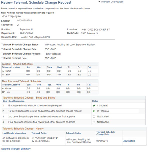 Image of the Review Telework Schedule Change Request page.