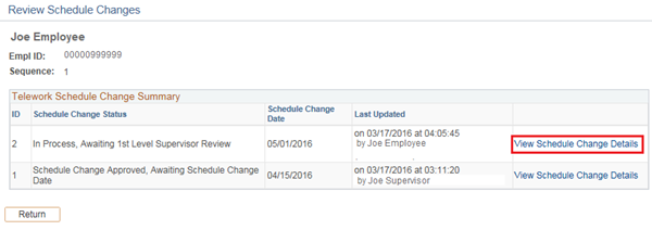 Image of the Review Schedule Change Request page with the View Schedule Changes link highlighted.