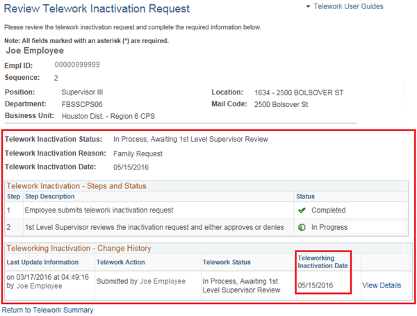 Image of Review Telework Inactivation Request page with the Telework Inactivation Date highlighted.