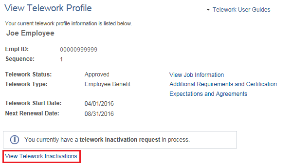 Image of the View Telework Profile page with the View Telework Inactivations link highlighted.