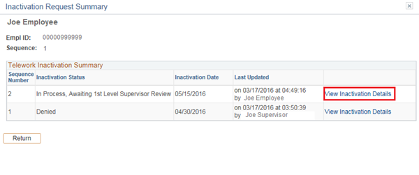Image of the Inactivation Request Summary page with the View Inactivation Details link highlighted.