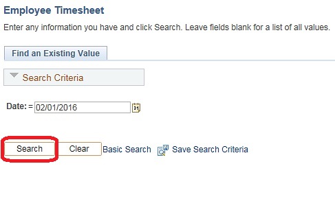 Image of the Find an Existing Value tab on the Employee Timesheet page The image shows a highlighted box around the Search button.