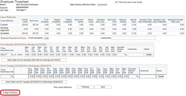 Image of the Employee Timesheet page. The image shows a highlighted box around the E-Sign & Submit button.