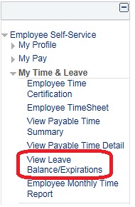 Image of the left navigation of the Home page with the Employee Self-Service menu expanded and then the My Time & Leave menu expanded. The image shows a highlighted box around the Employee TimeSheet link.