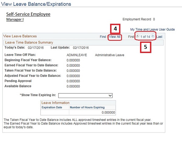 Image of the View Leave Balance/Expirations page. The image shows highlighted boxes around the View All link and the previous and next buttons.