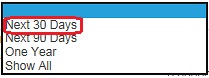 Image of the Show Time Expiring in field of the View Leave Balance/Expirations page. The image shows a highlighted box around the Next 30 Days selection.