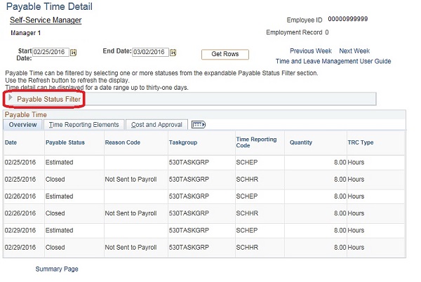 Image of the Payable Time Detail page. The image shows a highlighted box around the arrow next to the words “Payable Status Filter.