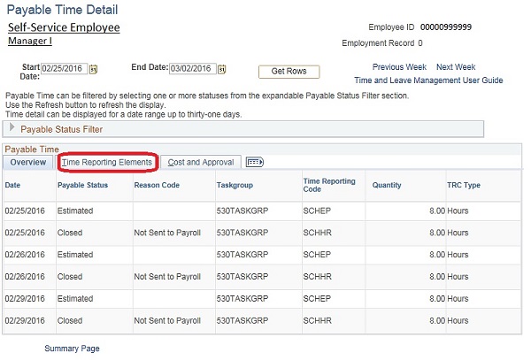 Image of the Payable Time Detail page. The image shows a highlighted box around the Time Reporting Elements tab.