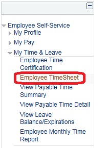Image of the left navigation of the Home page with the Employee Self-Service menu expanded and then the My Time & Leave menu expanded. The image shows a highlighted box around the Employee TimeSheet link.