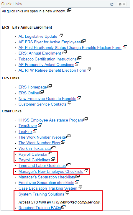 The Quick Links section of the CAPPS home page is displayed. The red boxes highlight the Manager Payroll Calendar, Payroll Guidelines and Manager's New Employee Checklists links.