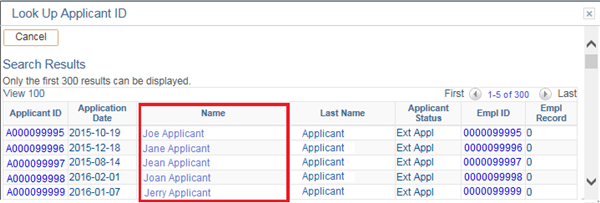 The Lookup Applicant ID page is displayed. A red box highlights the Name column.