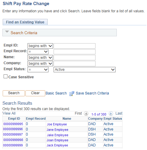 The JRC Shift Rate Change page is displayed. A red box highlights the Name field of the search results.