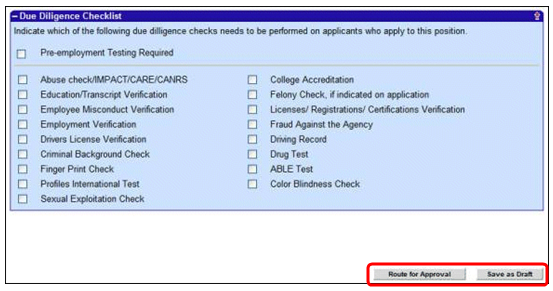 The Due Diligence Checklist section of the screen is displayed. The red boxes highlight the Ready for Approval and Save as Draft buttons.