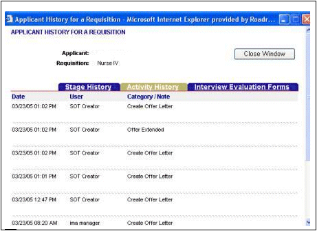 The Applicant History for a Requisition page is displayed.