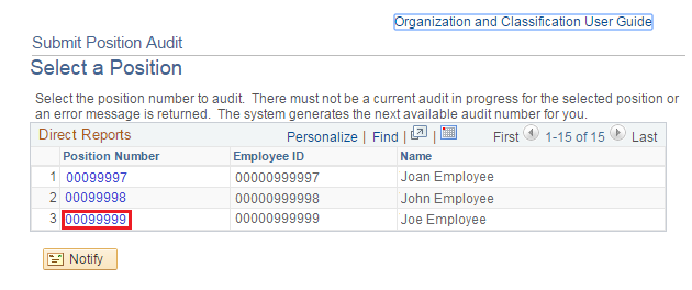 Image of the Submit Position Audit page. The image shows a highlighted box around the Position Number column.