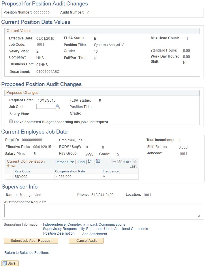 Image of the Proposal for Position Audit Changes page.