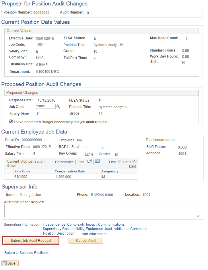 Image of the Proposal for Position Audit Changes page. The image shows a highlighted box around the Submit Job Audit Request button.