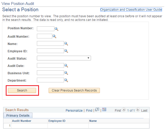 Image of the View Position Audit page. The image shows a highlighted box around the Search button.