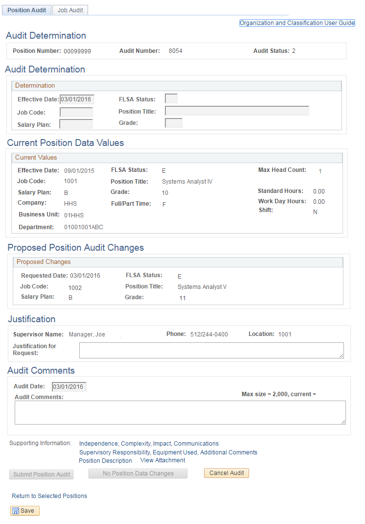 Image of the View Audit page. The image shows a highlighted box around the grayed-out Submit Position Audit button.