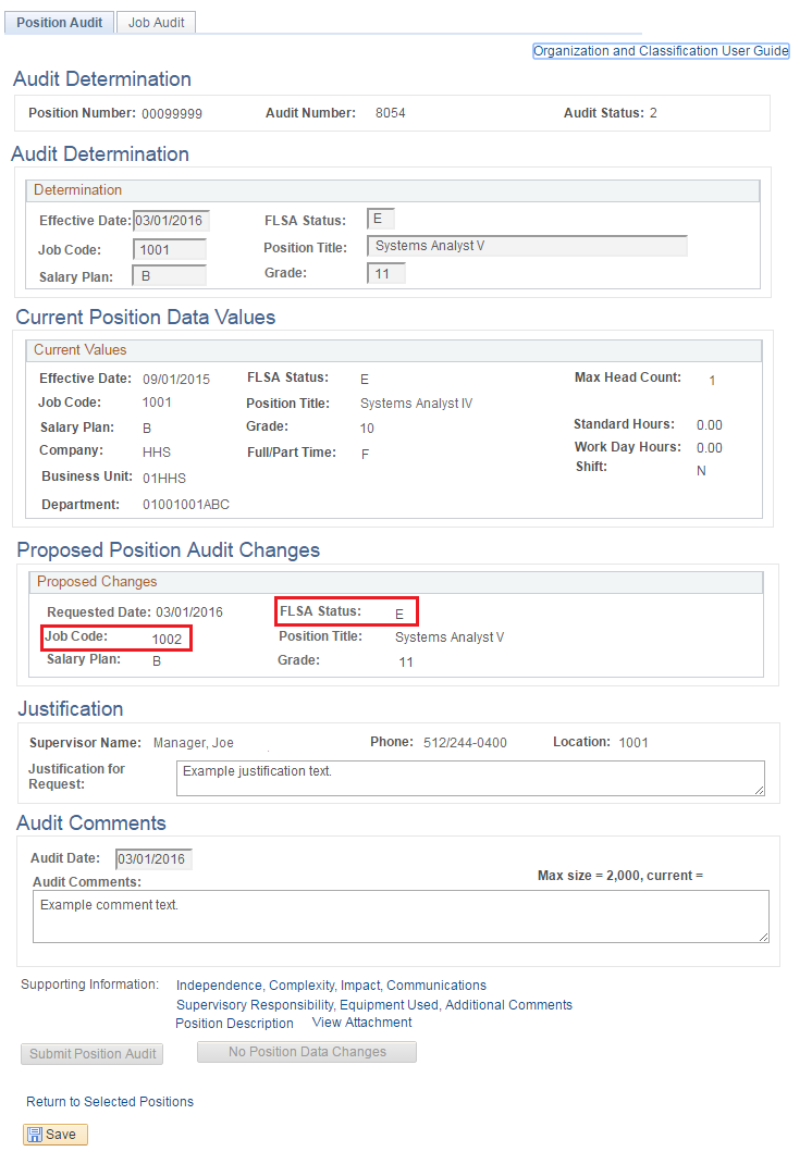 Image of the Audit Determination page. The image shows a highlighted box around the FLSA Status field and around the Job Code field.
