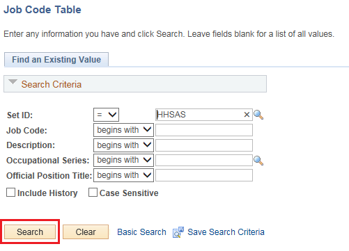 Image of the Job Code Table page. The image shows a highlighted box around the Search button.