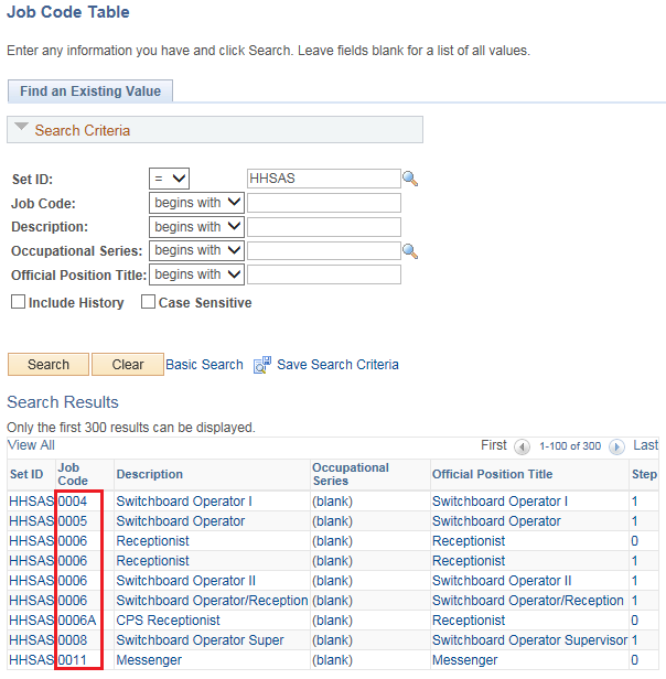 Image of the Search results. The image shows a highlighted box around the Job Code column.