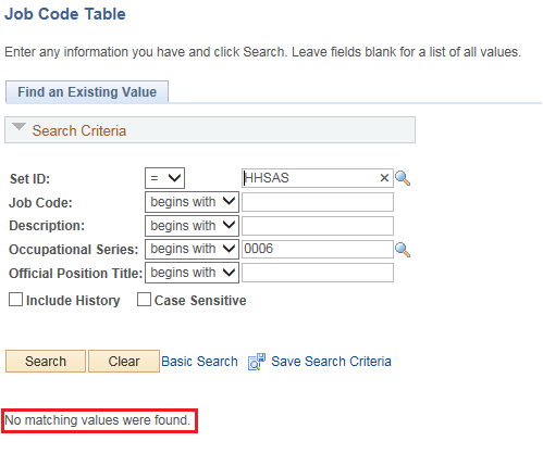 Image of the Search results. The image shows a highlighted box around a message stating No matching values were found.