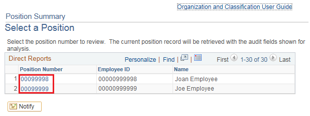 Image of the Position Summary page. The image shows a highlighted box around the Position Number column.