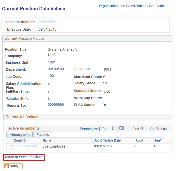 Image of the Current Position Data Values page. The image shows a highlighted box around the Return to Select Position link.