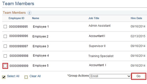 Image of the Select Learner page. The image shows a highlighted box around the checkbox for the team member you wish to enroll and a highlighted box around the Go button.