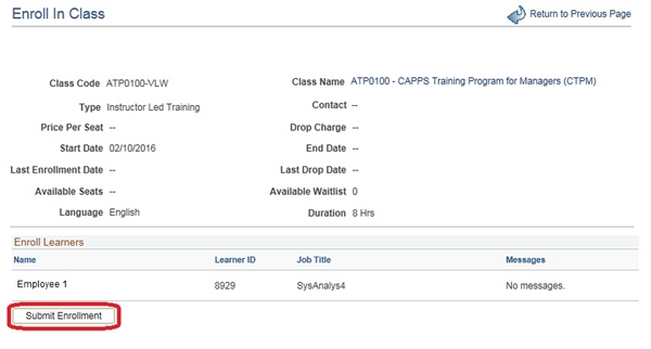 Image of the Review Information page with a highlight box around the Submit Enrollment button.