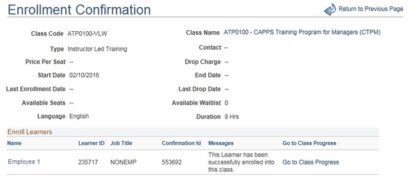 Image of the Enrollment Confirmation page.