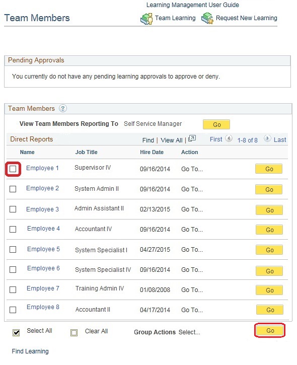 Image of the Team Members page. The image shows a highlighted box around the checkbox to select the first direct report listed and a highlighted box around the Go button that displays the employee's record.