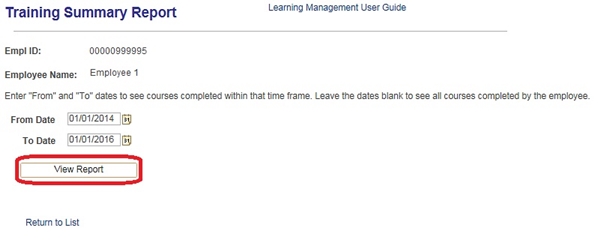 Image of the Training Summary Report process page. The image shows a highlighted box arounnd the View Report button.